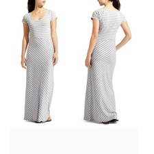Athleta Gray White Stripe Maxi Dress T Shirt Style Short Sleeve Casual Size S
