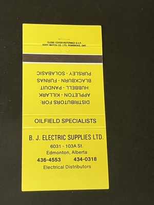 #ad Matchbook Cover B. J. ELECTRIC SUPPLIES Edmonton Alberta $8.95