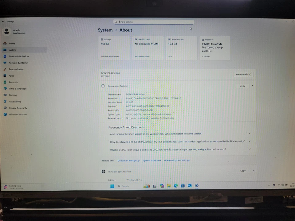 Laptop MSI GP72 2QE Leopard Pro: SSD 465 GB: 16 GB RAM: 2 GB GPU NVidia: Win11 - Immagine 2 di 4