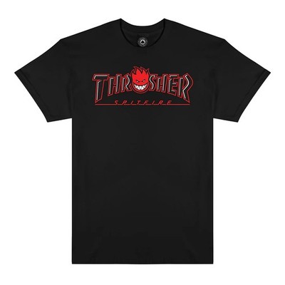 Thrasher Magazine X Spitfire BIG HEAD OUTLINE Skateboard T Shirt BLACK