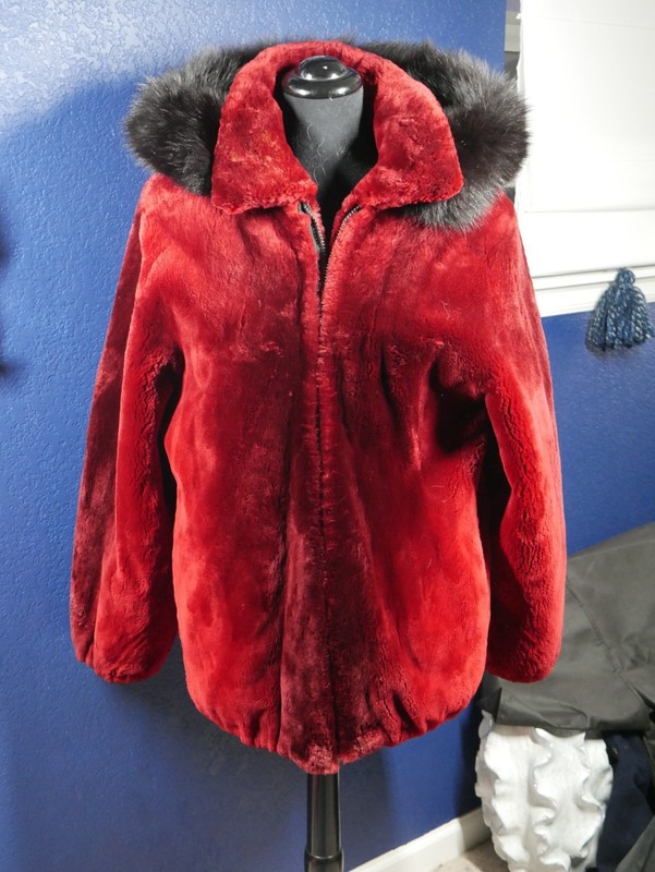 Gorgeous Scarlet Red Ombre Sheared Beaver & Black Fox Hooded Fur Coat Jacket