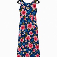 Ui-Maikai Vintage Hawaiian Maxi Dress Blue Pink Hibiscus Floral Cotton Muumuu