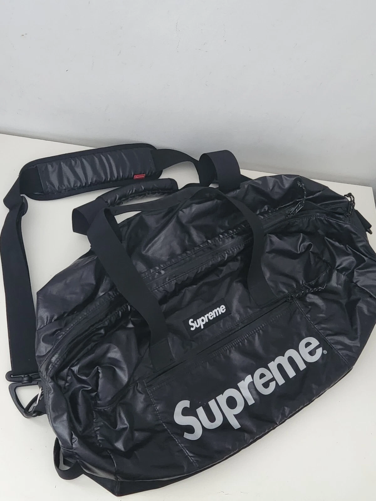 FW17 Supreme Black Duffle Bag Cordura Fabric box logo Reflective text