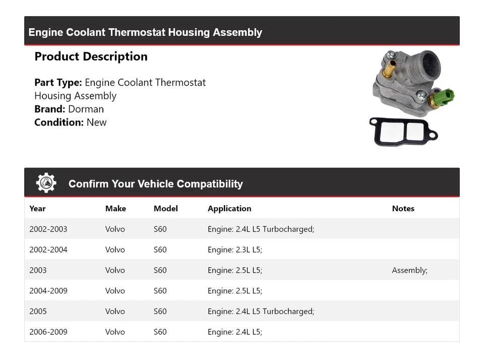 Conjunto de carcasa termostato refrigerante motor Volvo S60 Dorman 2002-2009 2003 Foto 2 de 4