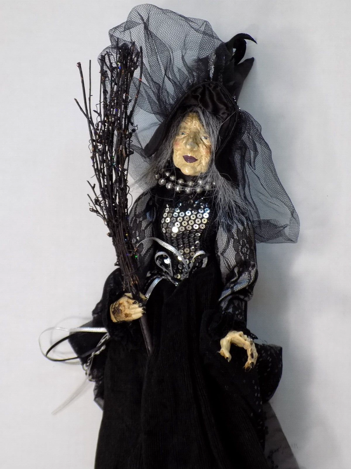 Spooky Night Witch Halloween Shelf Sitter 22" Tall Birdcage Rare