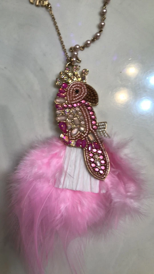 Betsey Johnson Gold Tone Long Necklace Parrot Pendant Feather, Raffia & Crystal - Image 4 of 4