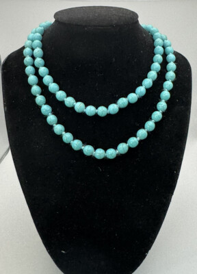 Dyed Howlite Stone Necklace Turquoise Color Knotted Beads Southwestern 29in