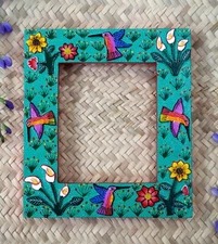 Alebrije Green Frame Hummingbirds Flowers  Calla Lilies Handmade Mexico Folk Art