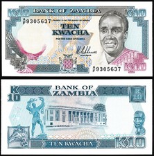 Zambia 10 kwacha 1989 Eagle Bird Butterfly & Kaunda P31a Prefix A/F UNC