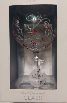 SUNNY BY SUE HAND DECORATED LARGE GIN GLASS WITH IRIDESCENT SWIRLS AND RED DOTS 