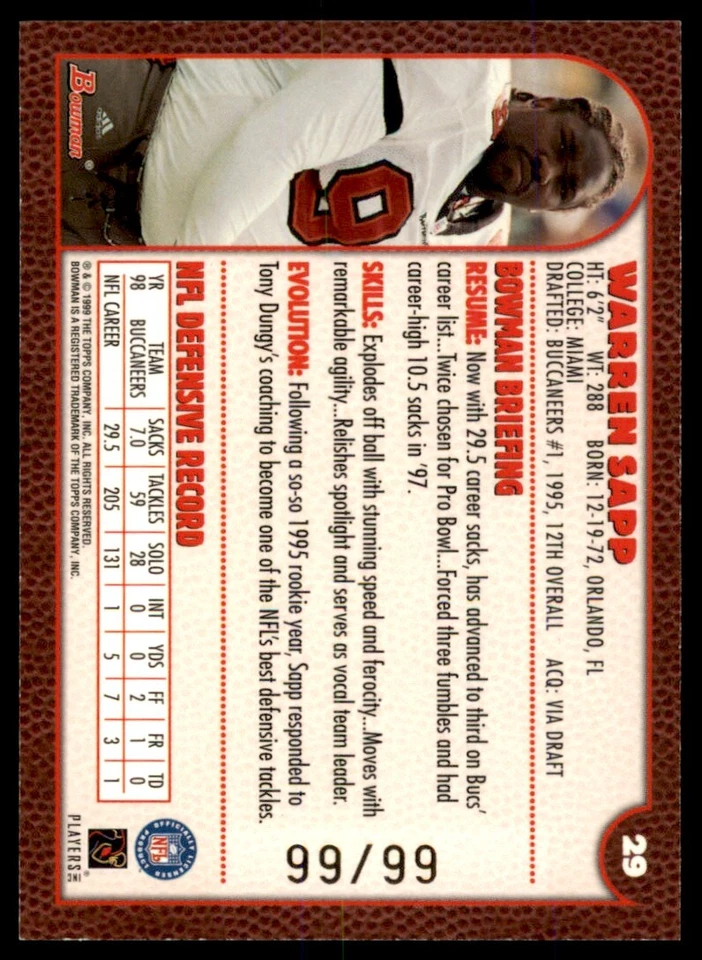 1999 Bowman Gold JERSEY # Warren Sapp 99/99 Buccaneers #29 *Noles2148* - Image 2 of 2