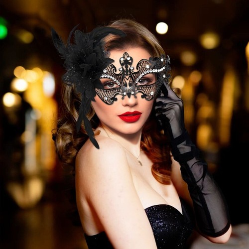 SN-G6-2Luxury Black Masquerade Venetian Style Metal Mask w/ Feathers Rhinestones - Picture 12 of 13