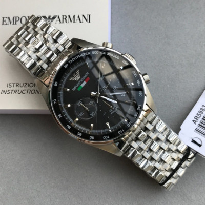 NEU EMPORIO ARMANI HERREN UHR STAHL SILBER ARMBAND & SCHWARZES ZIFFERBLATT AR5983 ORIGINAL