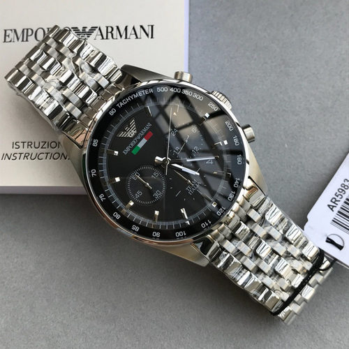 NEW GENUINE EMPORIO ARMANI AR5983 TAZIO SILVER & BLACK DIAL STEEL MENS