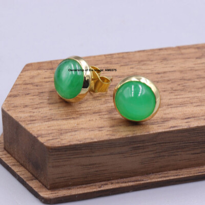 Handmade Round Green Jade Earrings Stud Elegant 18K Gold Plated GP Earrings