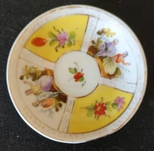 DRESDEN PORCELAIN DEMITASSE  SAUCER YELLOW QUATREFOIL WATTEAU COURTING SCENE