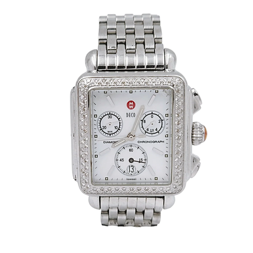 Ladies Michele Deco 33mm Steel Watch with MOP Chronograph Dial & Diamond Bezel.
