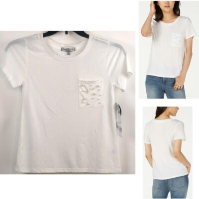 Crave Fame Almost Famous Juniors Faux Pearl Pocket T-Shirt Ivory Size M New