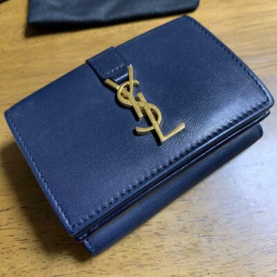 アクセサリー YSL mini TRIFOLD Wallet /Gold Hardware Auth Saint Laurent Tri-Fold Mini Wallet YSL Navy Gold Leather