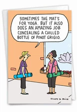 1 Funny Birthday Greeting Card w/ Envelope Bday Yoga Mat, For Her, Chilled Wine