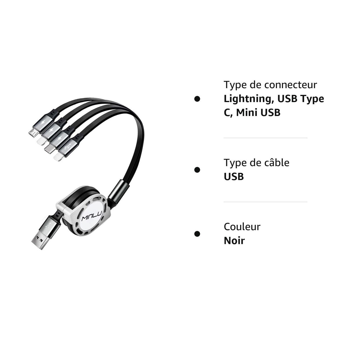 Câble De Charge 4-en-1 Rétractable Minlu 1,2m - Neuf En Emballage D'origine