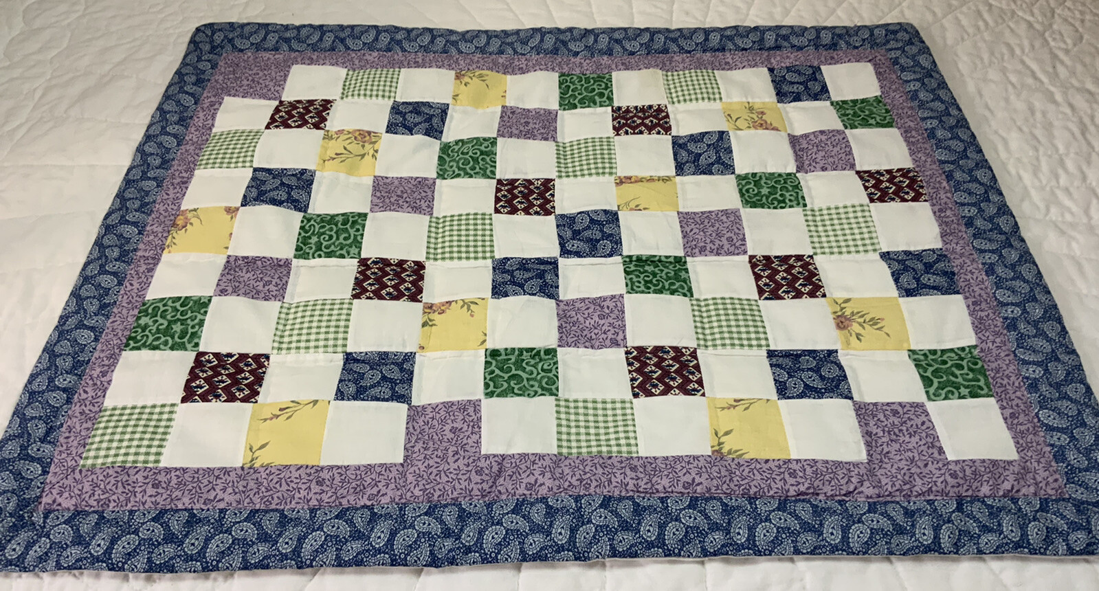 Patchwork Quilt Wall Hanging, Nine Patch, Floral Calico Prints, Solids, Multi