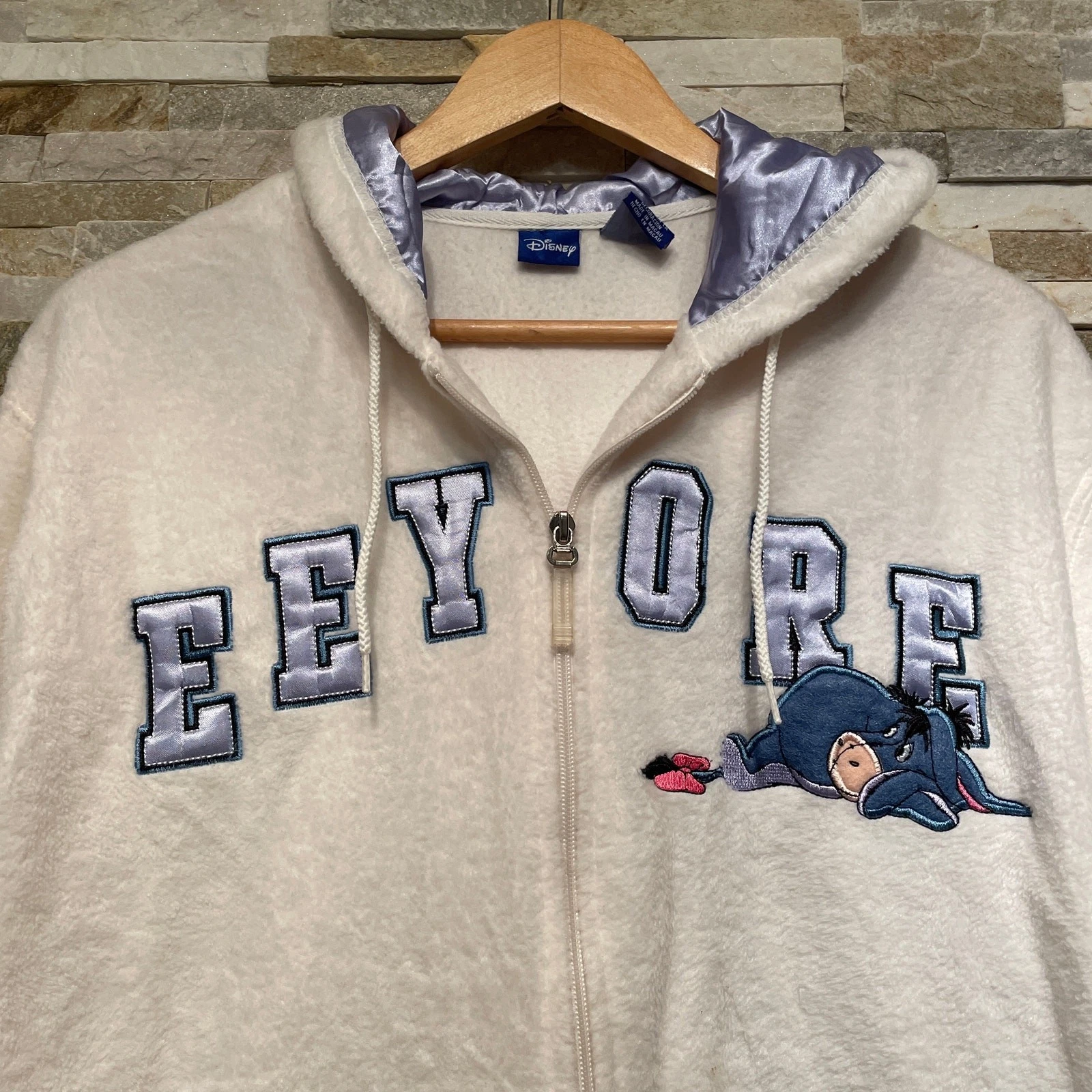 OFF WHITE Felpa con cappuccio vintage Disney Eeyore XL pile peluche ricamato zip Y2K nuova senza etichette rara