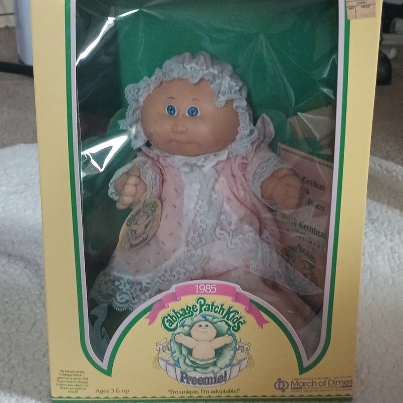 Cabbage Patch Kids Preemie 14in Girl Doll Blue Eyes In Box Papers 1985 3870