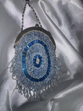 Vintage Beaded Flapper Purse Blue Bugle Beads Fringe Art Deco Style