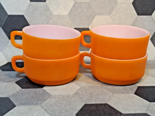Vintage Glasbake Orange Soup Bowls Mugs set of 4