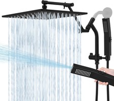 RAINFALL SQUARE SHOWER HEADS 12" DUAL ARM, ALL MATTE BLACK METAL, NEW