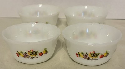 Vintage Fire King Chanticleer Milk Glass Rooster Custard Bowls 4 Pc