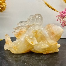 1.89LB Natural yellow glue flower crystal hand-carved quartz mermaid healing