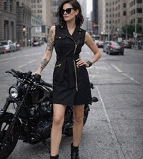 Calvin Klein Moto Dress Gold Zippers Black Size 2 Belted Biker Grunge Chic Work