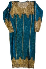Arab Traditional Women  s Kaftan Dress Teal Gold Embroidered Rhinestone 53L 20W