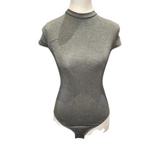 Women s Gray Ribbed Short Sleeve Lace Up Back Bodysuit