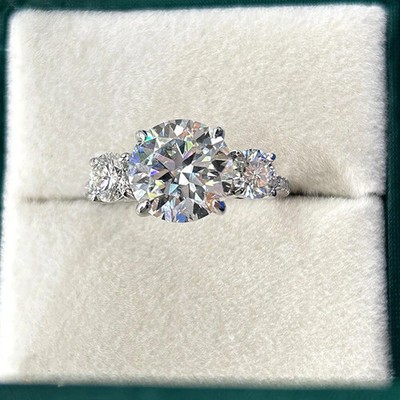 4CTW Round Cut Moissanite Three Stone Engagement Ring 14K White Gold Plated