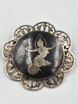 Vintage Siam Sterling Silver Niello Thai Dancer Brooch Pin Filigree Art Deco