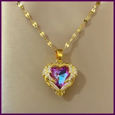 Trendy Rhinestone Heart Pendant Necklace Women 18k Gold Silver Plated Titanium