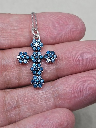 Kreuz Anhänger 9kt Weißgold blauer Diamant & 9kt Kette (2,42g) - Bild 4 von 9