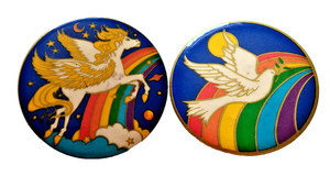 2 Vtg 80s Illumination Pin Pinback Button Pegasus Flying Horse Rainbow Dove Bird