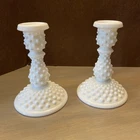 Fenton Milk Glass Hobnail Tapered Candlestick Holder 6” Tall, Pair