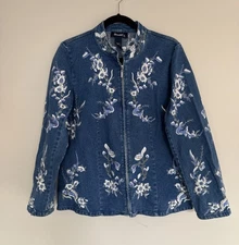 Denim & Co Floral Embroidered Denim Zip Up Jacket Sz Small
