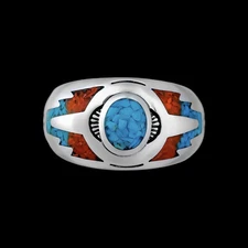 Southwest Ring • Native American Indian Style • Turquoise with Red Coral •...