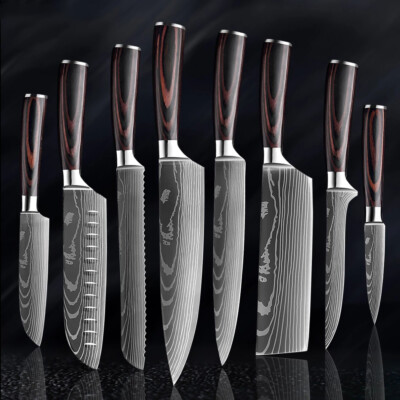 Set of 8 Kitchen Knives Japanese Damascus Stainless Steel Chef Knife Cooking US