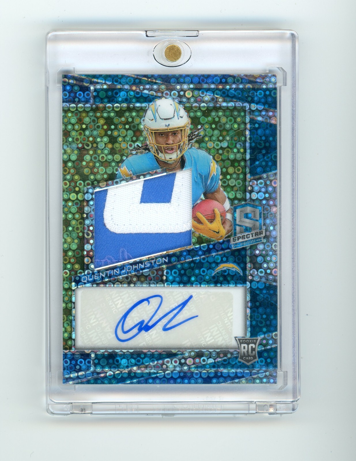 2023 Panini Spectra Quentin Johnston #229 Neon Blue RPA Rookie Patch Auto RC /50