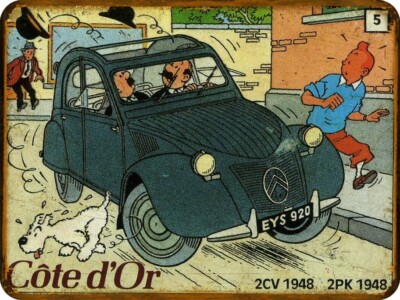 Plaque Décorative Métal Vintage Tintin à Moto - Rouge, Rectangulaire, Fabriquée En France, Neuve