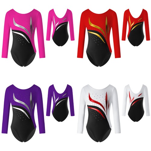 Kids Girl's Leotard Long Sleeve Unitard Ballet Bodysuit Sparkly Jumpsuit Sports - Picture 2 of 44