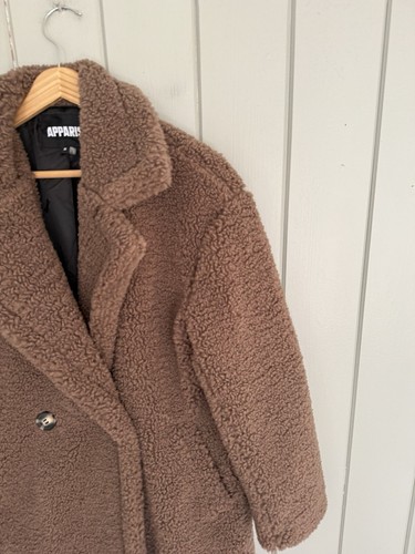 Apparis Anoushka Faux Fur Double-Breasted Long Teddy Coat S Small Brown Cocoa - Picture 2 of 6
