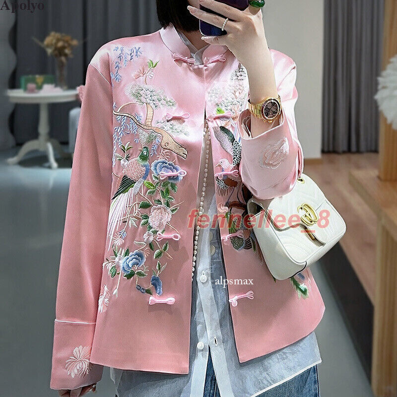Ethnic Women Retro Embroidered Flower Birds Satin Chinese
